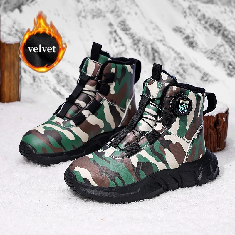 

Модные камуфляжные детские зимние ботинки с ручкой, зимние ботинки, детская хлопковая обувь, уличные теплые плюшевые высокие кроссовки для мальчиков