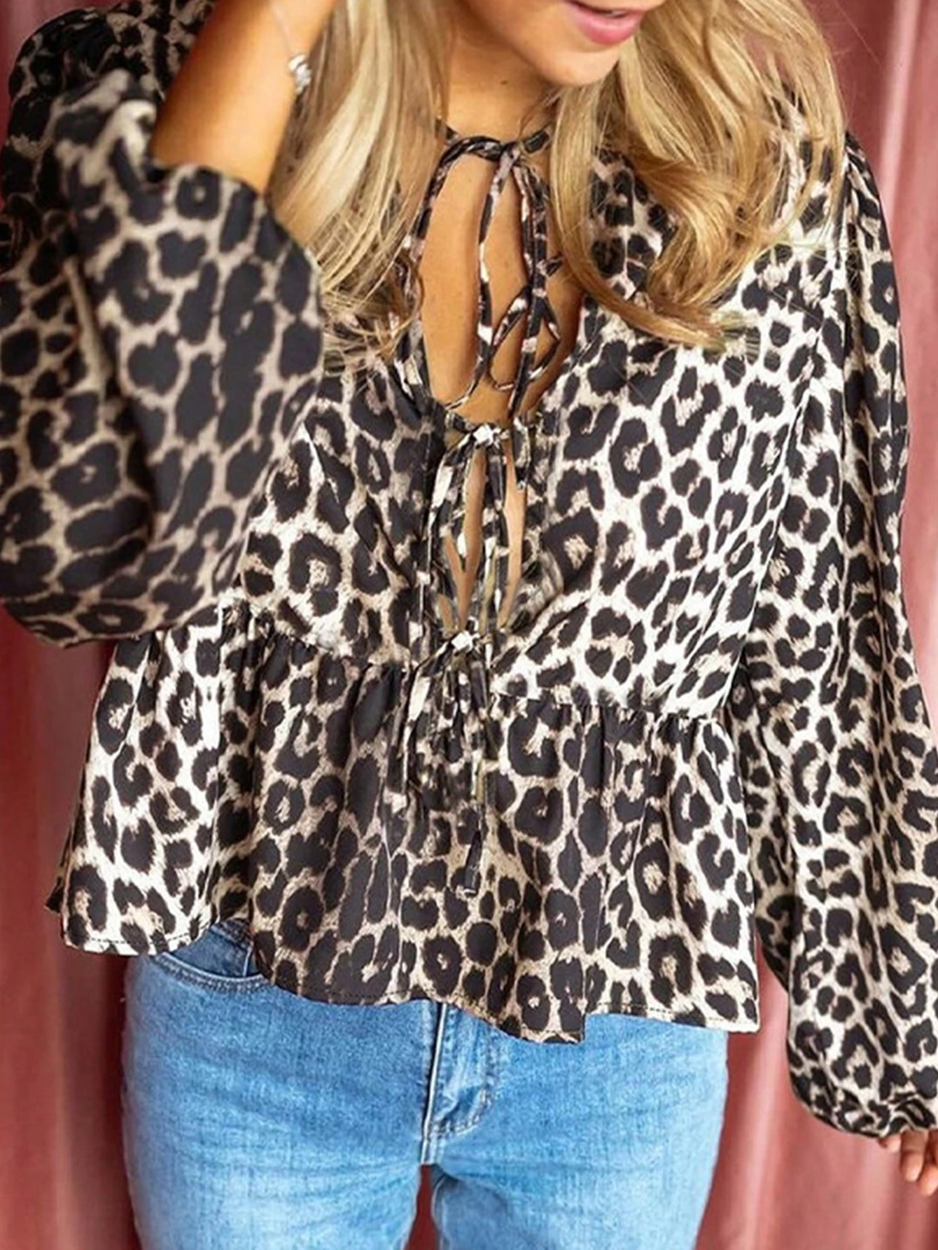 Herbsthemden 2025, schicke Damen-Hemden mit Leopardenmuster, Schnürung, langen Ärmeln, Rundhalsausschnitt, Volant, High Street-Hemden