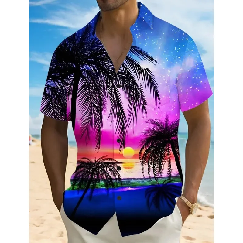 Men's fashion Hawaiian shirt 3d printed landscape tropical plant short-sleeved shirt summer casual Aloha shirt for men