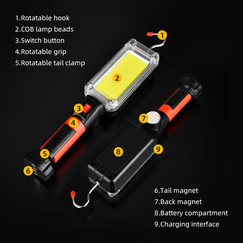 Led Work Light COB Floodlight 8000LM Rechargeable Lamp Use 2*18650 Battery Led Portable Magnetic Light Hook Clip Waterproof