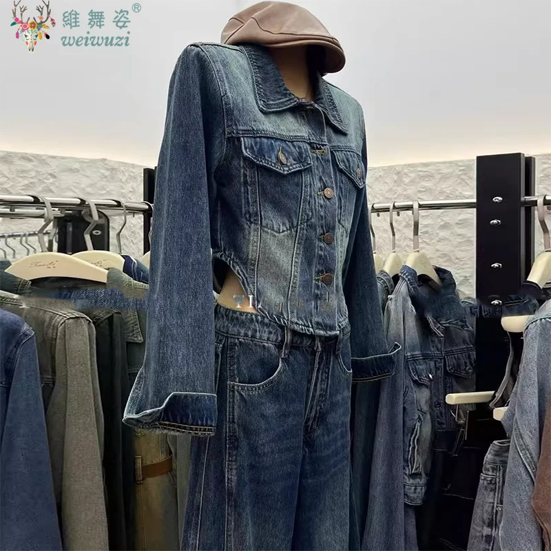 Winter Frauen Denim Hose Sets Vintage Lange Ärmeln Slim Fit Kurze Denim Jacke Top + Hohe Taille Breite bein Jeans y2k Kausalen Outfits