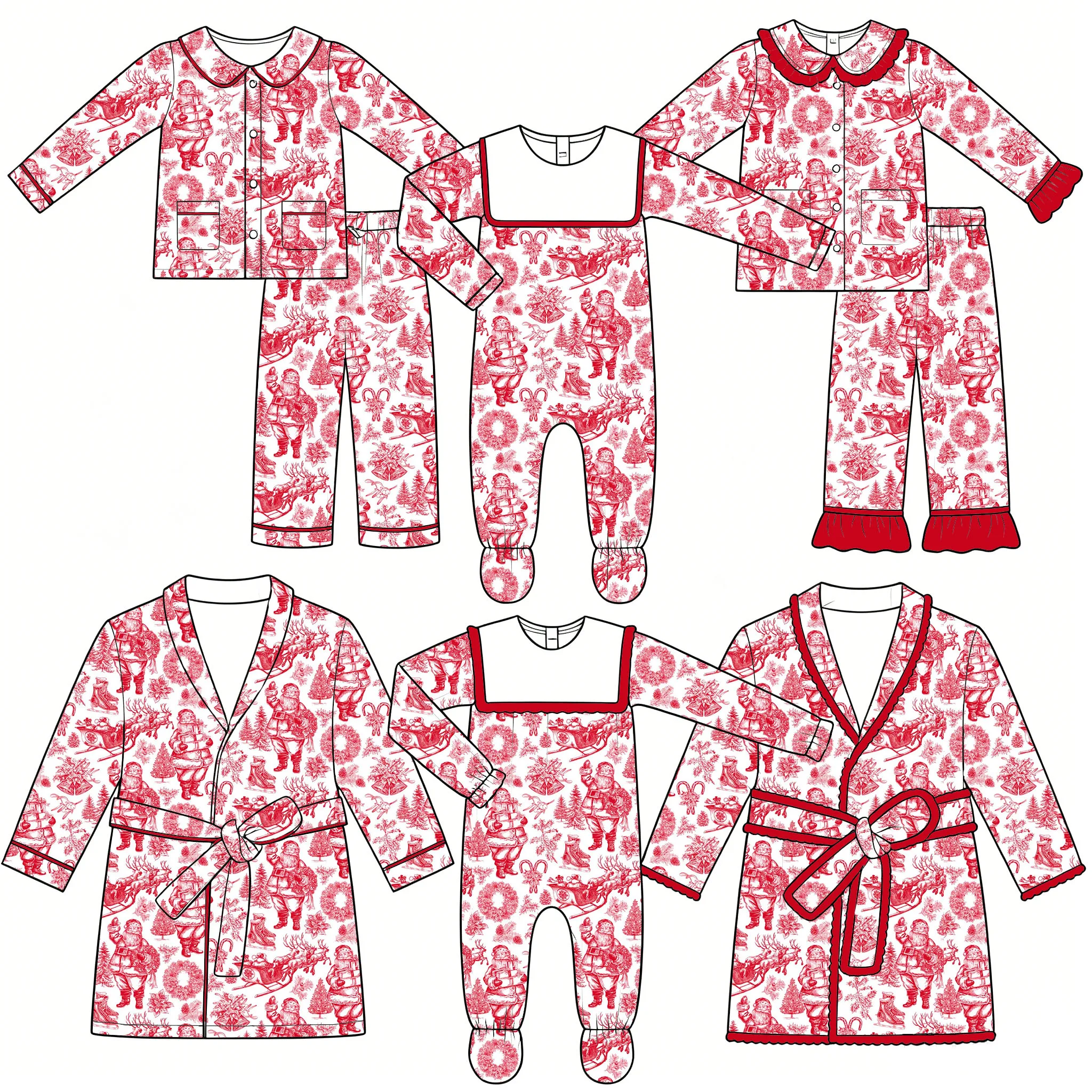Wholesale Kids Christmas Pajamas Santa Print Long-Sleeve Children Set Footed Romper Baby Jumpsuit Matching Kids Robes Sleepwear