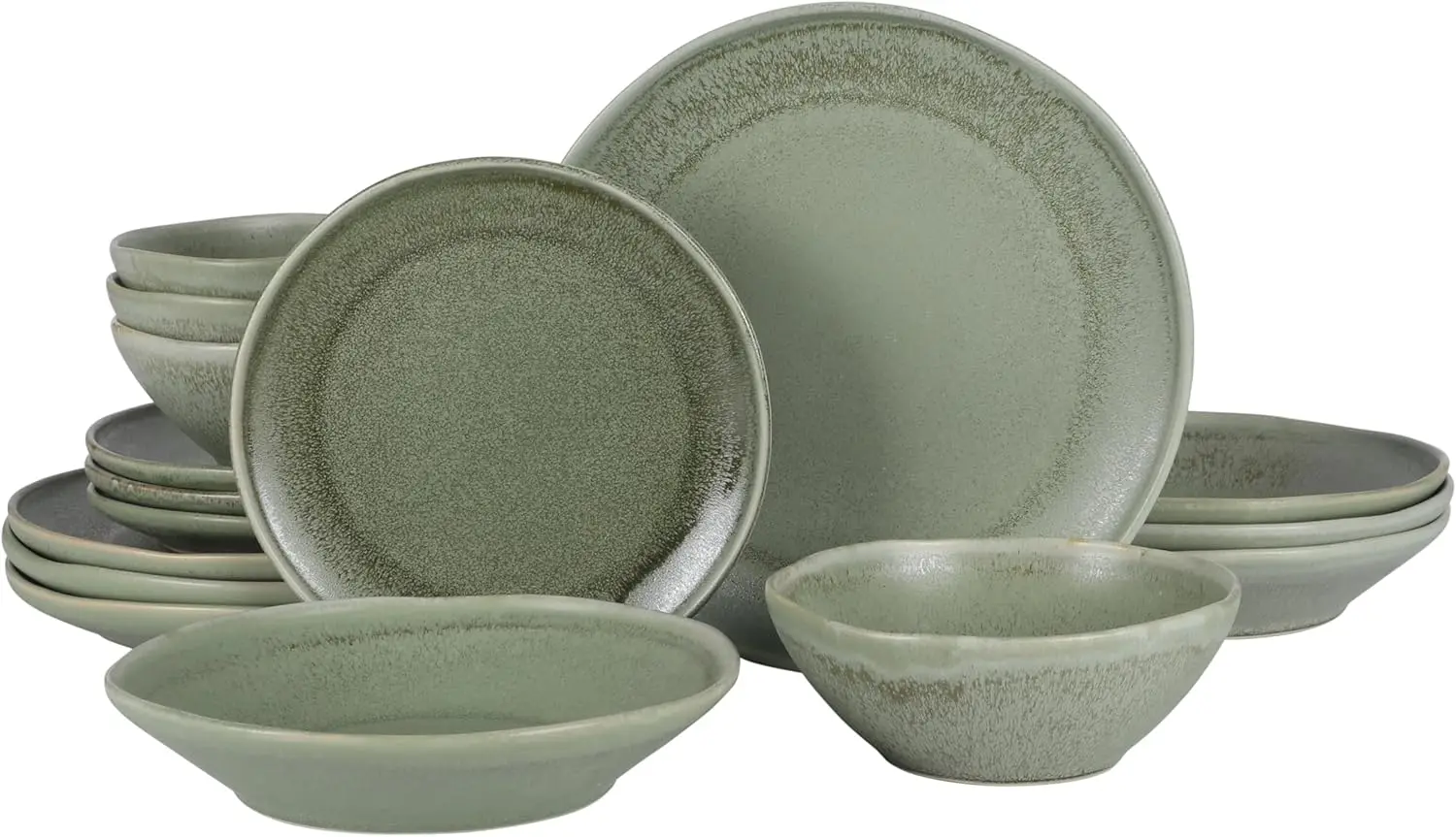 

Island Cove 16 Piece (Service for 4) Plates and Bowls Reactive Glaze Organic Round Dishes Stoneware Ceramic Dinnerware Set -Gree