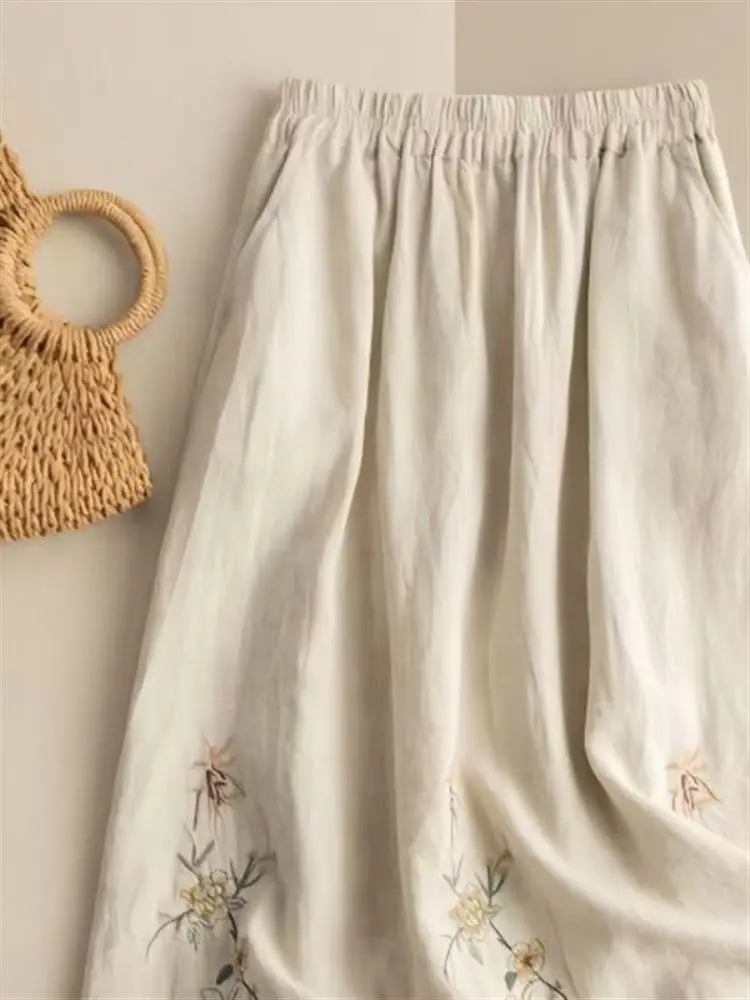 

Длинная юбка трапециевидной формы из чистого хлопка для женщин, свободная вышивка в этническом стиле с высокой талией, груша-мавпа, подходит для весны, новое поступление