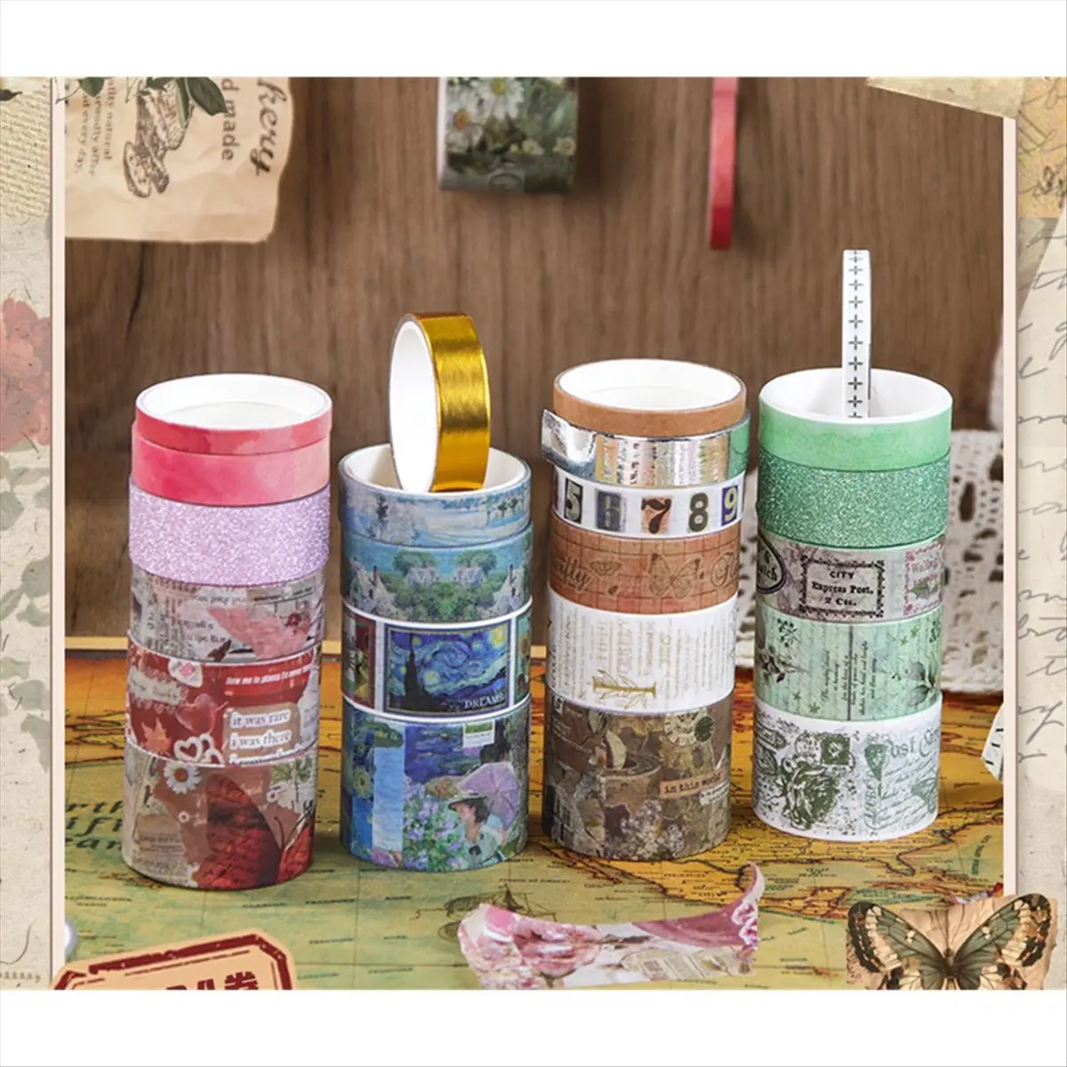 ABZT 24 Rolls Retro Washi Tapes for Scrapbooking, Decorative Adhesive Masking Tape Set for Diary and School Supplies A