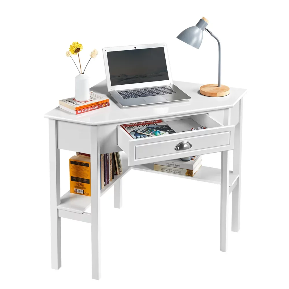 2023 New Easyfashion Corner Writing Desk with Storage Drawer Computer Desks
