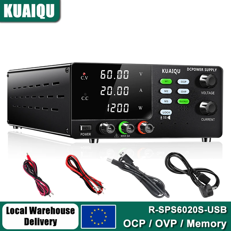 KUAIQU 30V 60V 20A Labor-Gleichstromversorgung mit OCP, OVP, Kurzschluss-Schutz, Spannungsregler, Speicherfunktion und Schnellstart – Schaltnetzteil für Werkbank