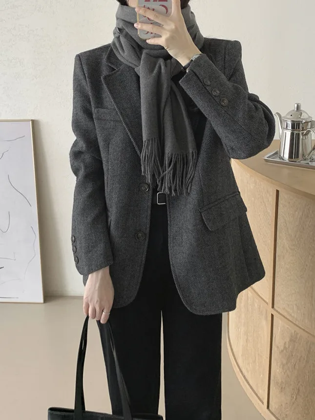 Retro Single Button Herringbone Tweed Coat Women's Chic  Design Woolen Coat Korean Style Long Sleeve Commute Suitable