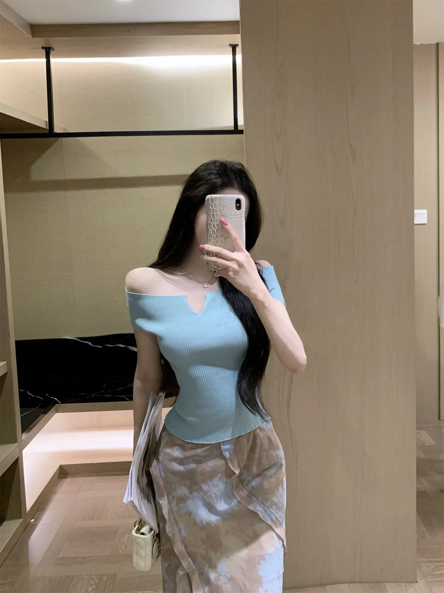 

Summer New Pure Color Knitted Top Women's High Waist Half Length Skirt Two Piece Set Casual Style Breathable Short Sleeve T-S...