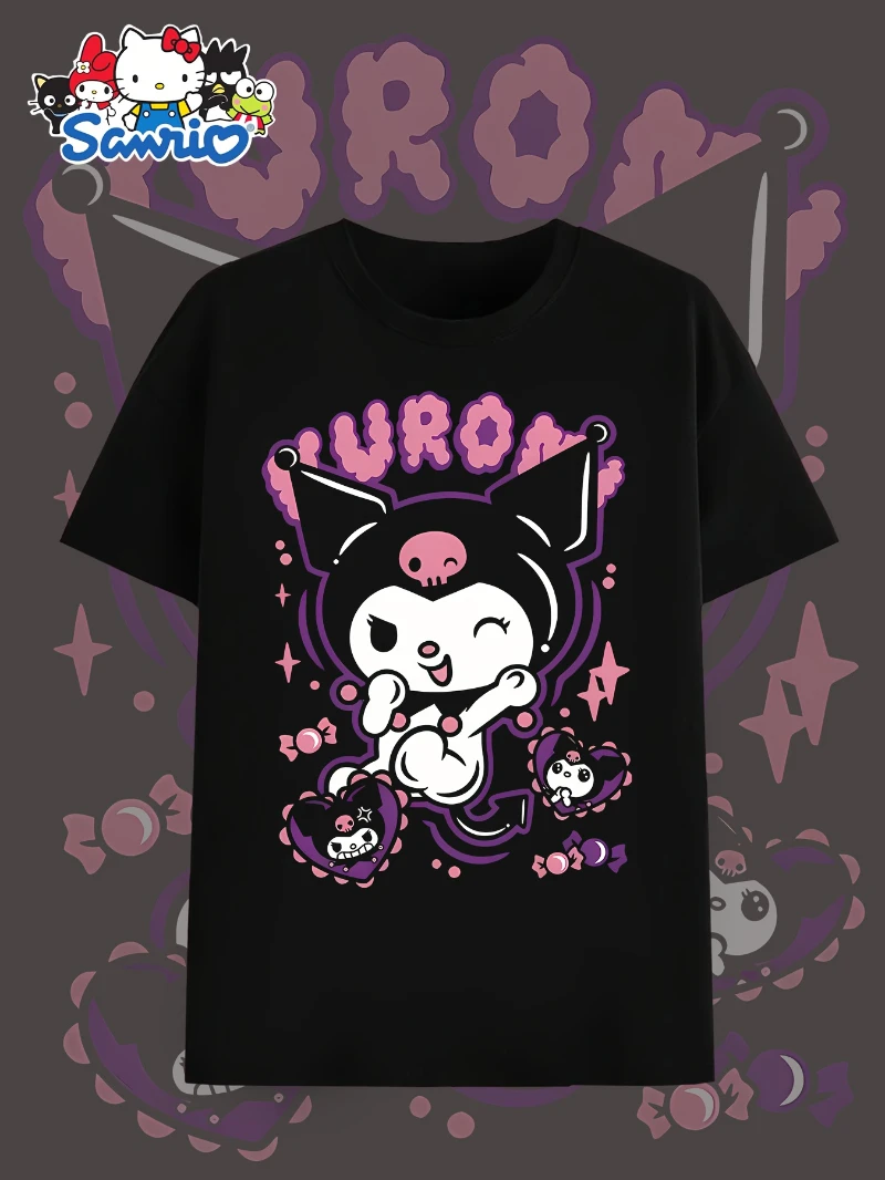 

Sanrio "Kuromi" Starry Magic Ball Magic Candy Skull Хэллоуин Футболка с принтом «Любовь» с коротким рукавом и круглым вырезом Повседневная мужская и женская одежда