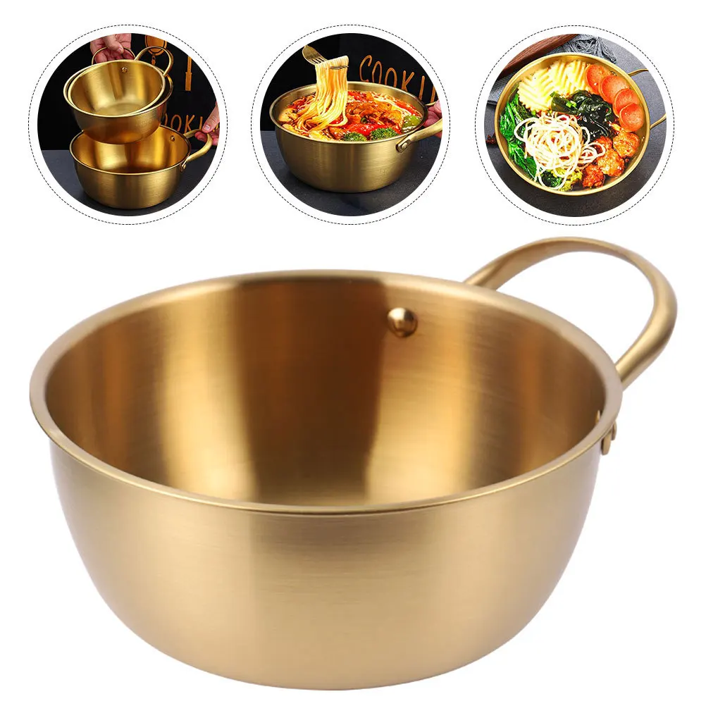 Olla para Fideos de acero inoxidable, sartén Ramen dorada resistente al calor de 1,5 l para sopa, leche, Ramen coreano, portátil, de un solo mango, 1 ud.