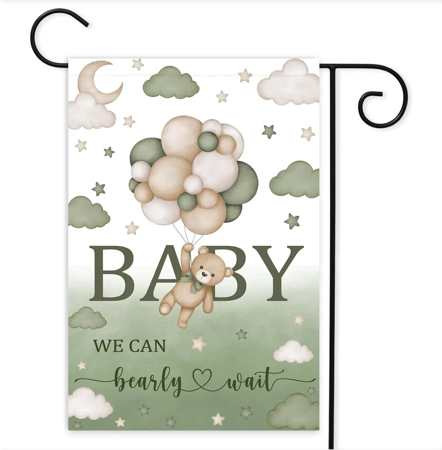 Green Bear Baby Shower Garden Flag, 12x18 Inch Double Sided | We Can Bearly Wait Baby Garden Flag, Baby Shower Birth Announc uui