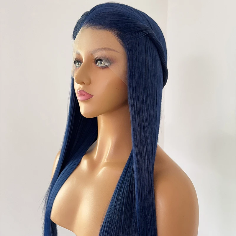 ネイビーブルーのレースフロントウィッグ、ファッショナブルな女性向け、26インチロングストレート、ナチュラルHD、13×4フロントレース、高品質合成繊維、デイリーユース