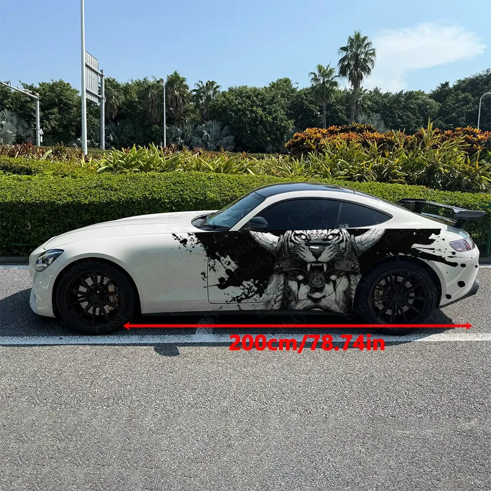 2pcs Ink Wash Tiger Helmet Viking, Durable, Fade-resistant, Enhance Vehicle Aesthetics With Bold Artistic Design Car Vinyl Wraps