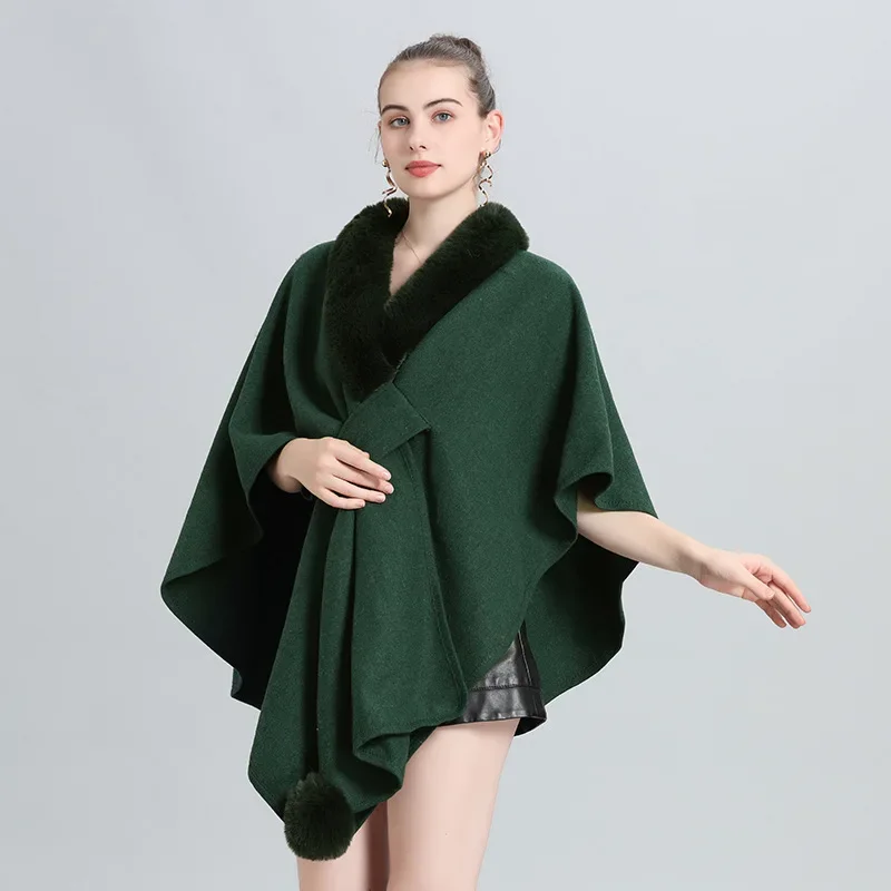 

12 Colors Winter Warm Shawl Cape Thick Fur Neck Criss-Cross Loose Poncho Coat Women Big Pendulum Faux Woolen Streetwear Cloak