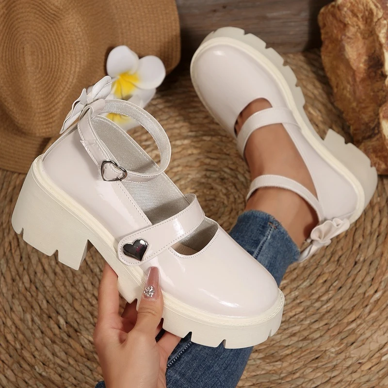 2025 Fibbia alla caviglia Tacco alto spesso Scarpe singole stile donna francese Punta tonda alla moda Fondo spesso Scarpe da donna stile retrò