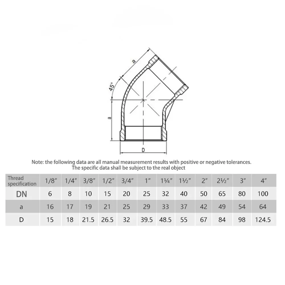 Acoplador de conector de codo de 45 grados, accesorio de tubería inoxidable, 1/8 ", 1/4", 3/8 ", 1/2", 3/4 ", 1", 1-1/2 ", 2", 3 ", 4", BSP NPT Hembra 201 304 316