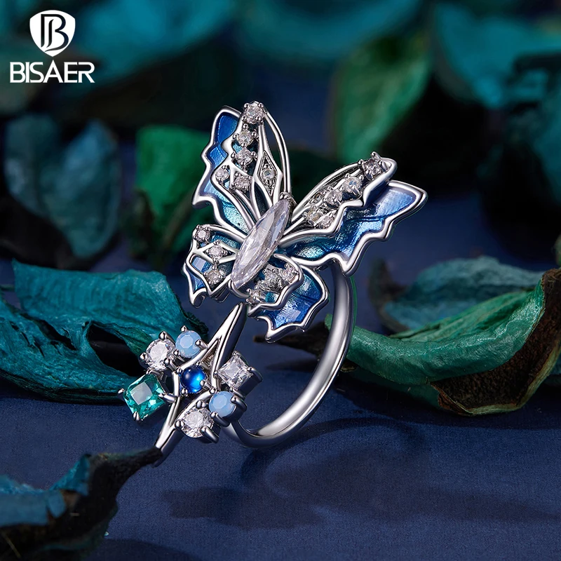 BISAER Big Blue Ice And Snow Butterfly Opening Ring Adjustable  Size 5-9 For Elegant Women Wedding Engagement Jewelry Gift