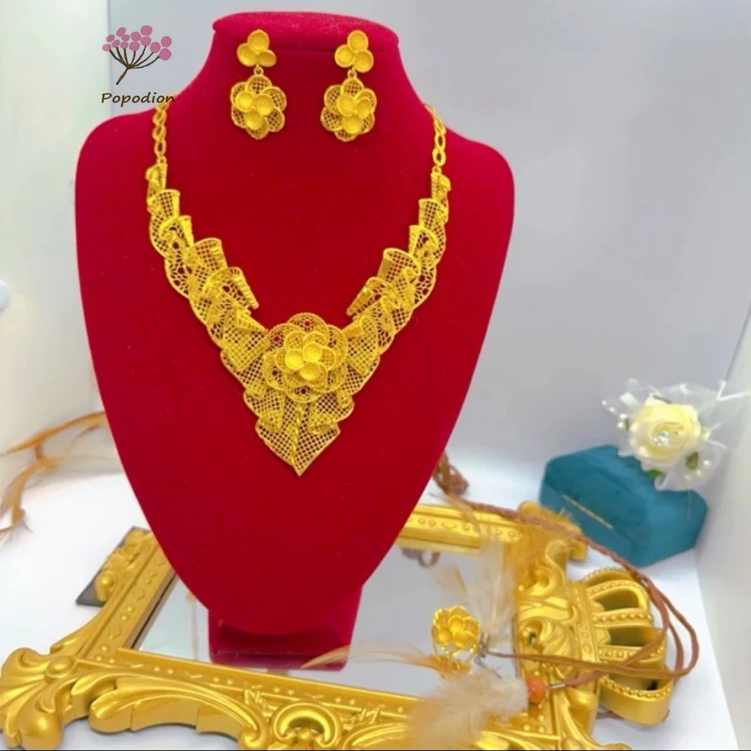 Dubai 24K Gold Plated Bridal Wedding Jewelry Flower Necklaces Earrings Women's Rings Women's Jewelry Three Piece Set YY10493