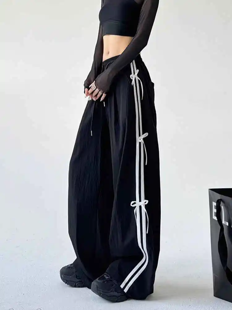 

Женские черные спортивные штаны с готическим бантом, мешковатые брюки-парашюты, длинные брюки большого размера в стиле Харадзюку, японский стиль 2000-х годов, Y2k, винтажные брюки эмо