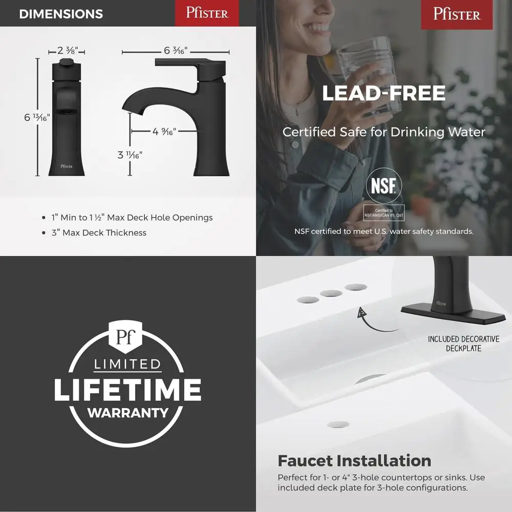 

Matte Black Single Hole 1-Handle Single Control NSF Certified Bathroom Sink Faucet LF042VRIBB