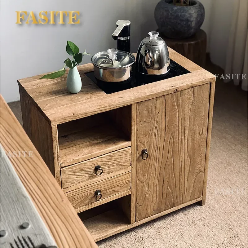 For Old Elm Tea Cabinet Solid Wood Side Table  Boiling Water Cart Simple Courtyard Balcony Tea Room Furniture