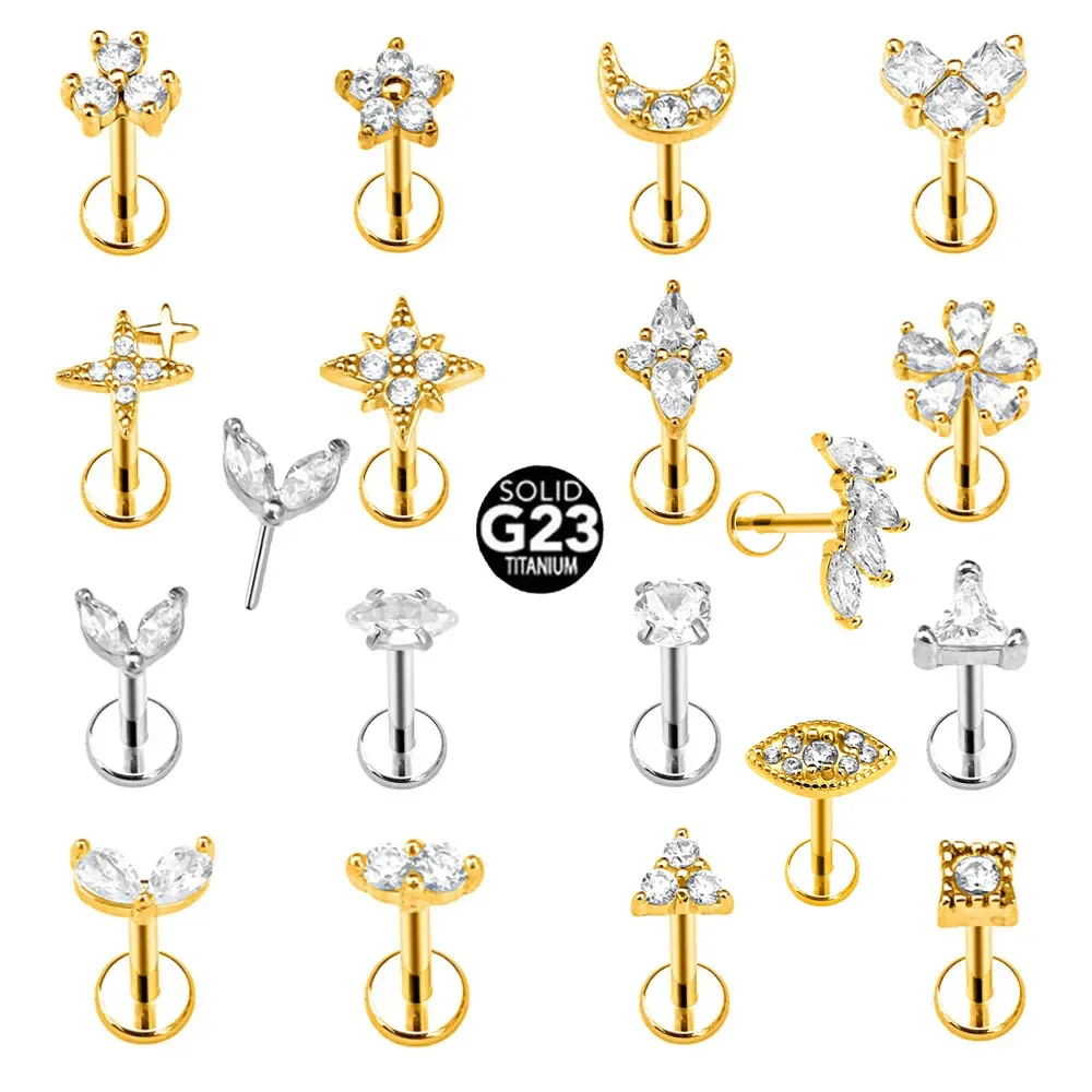 ASTM F136 G23 Titanium Flower Moon Heart Threadless Piercing Star Drop Cross Pin Push in Labret Stud CZ Daith Conch Earring