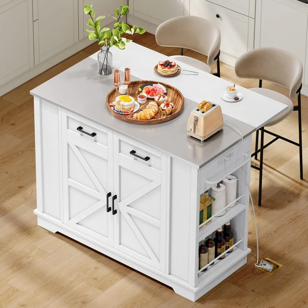 

Kitchen Island with Stainless Steel Top & Drop Leaf, 47 Inch Kitchen Island on Wheels with Power Outlet, Rolling Portable