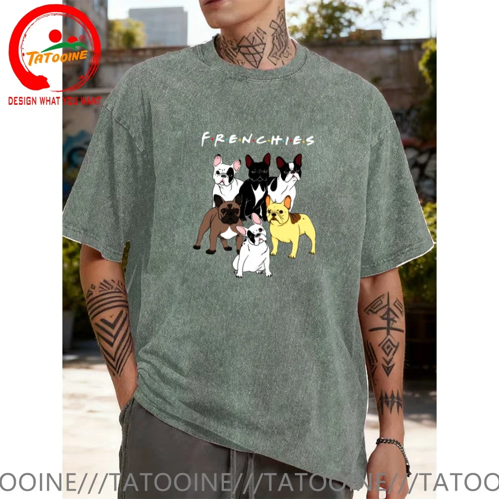 Vintage Washed Cotton T-Shirt Funny Designer FRENCHIES Doggie French Bulldogs T Shirt Men Fashion Trendy  Casual Clothing Stylis