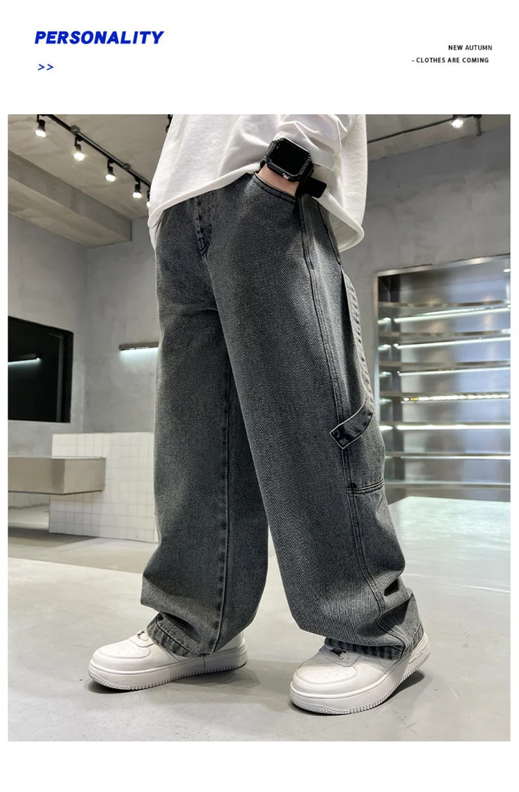 Graue Vintage-Jeans mit Tasche für Jungen, modische High-Street-Denim-Hose, lässige gerade Jeanshose für Teenager. – Detail 3