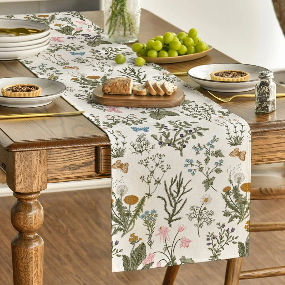 Herbaceous Wildflower Vintage Linen Table Runner Spring Summer Butterfly Pattern Kitchen Table Decor Outdoor Dinner Decoration