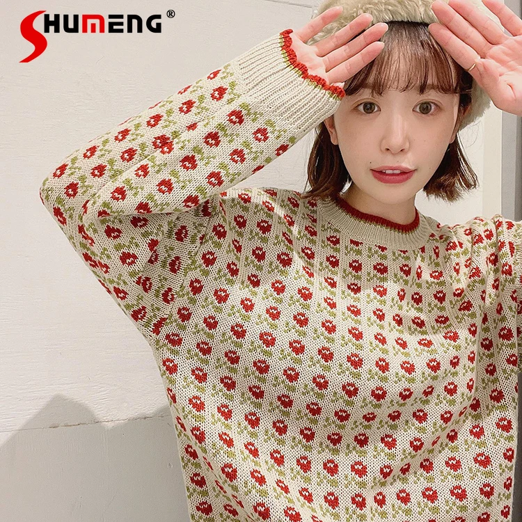 

Japanese Style Sweet Flower Jacquard O-Neck Knitted Pullovers Spring and Autumn Elegant Loose Casual Sweater lady knitwear tops