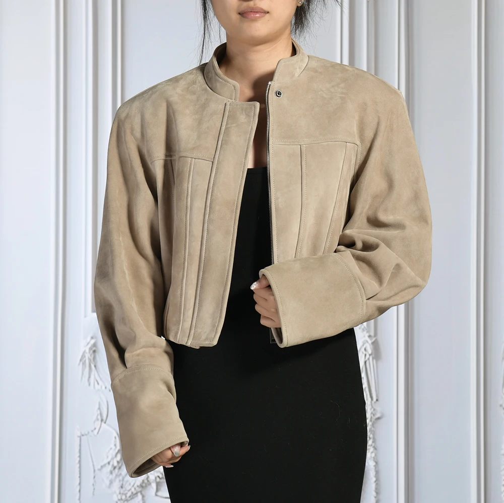 Jaxmonoy Echte Wildleder-Lederjacke für Damen, luxuriöse, abgeschnittene Jacken aus echtem Schaffell, 2025, Herbstmode, Ledermantel, Neuankömmling