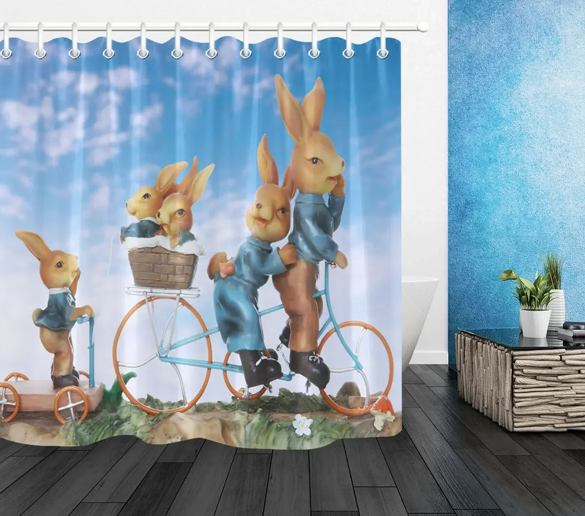 Rabbit Easter Waterproof Fabric Shower Curtain Set Bathroom Accessory