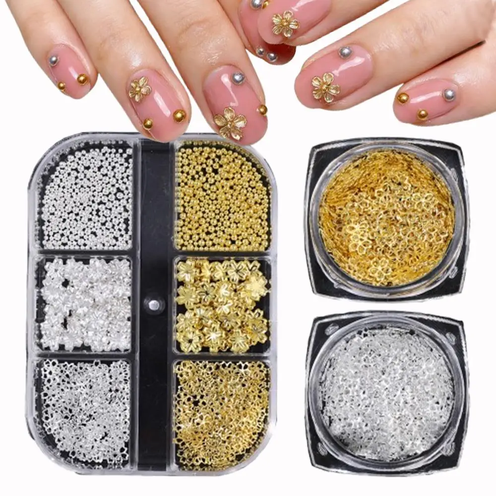 1Box 3D Five-Petal Flower Caviar Beads Nail Charms Metal Hollow Sakura Nail Art Decoration Exquisite Floral Manicure Accessories