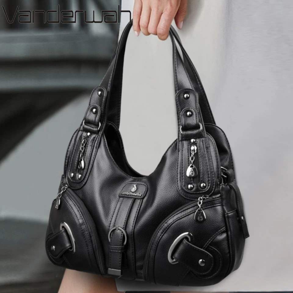 

Two-layers High Quality Soft Pu Leather Moto Biker Shoulder Messenger Hand Bags For Mother Luxury Handbags Women Bags Designer