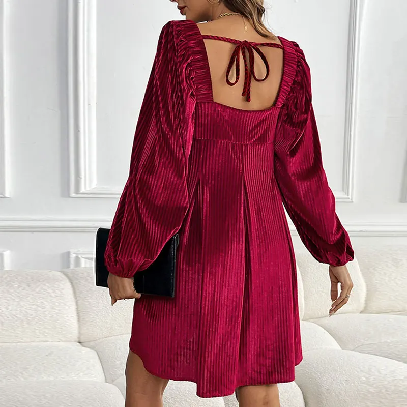 Women's Velour Square Neck Dress Elegant Long Sleeve Pleated Swing Mini Dress with Pockets