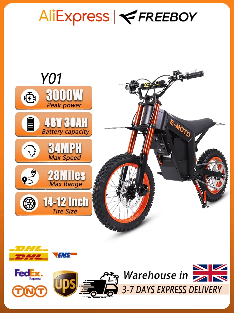 AliExpress FREEBOY Y01 Electric Motorcycle 3000W Peak power 48V30Ah Battery 34MPH Fast E-Moto 14/12" Tire Off-Road Adult Electric Dirt Bike