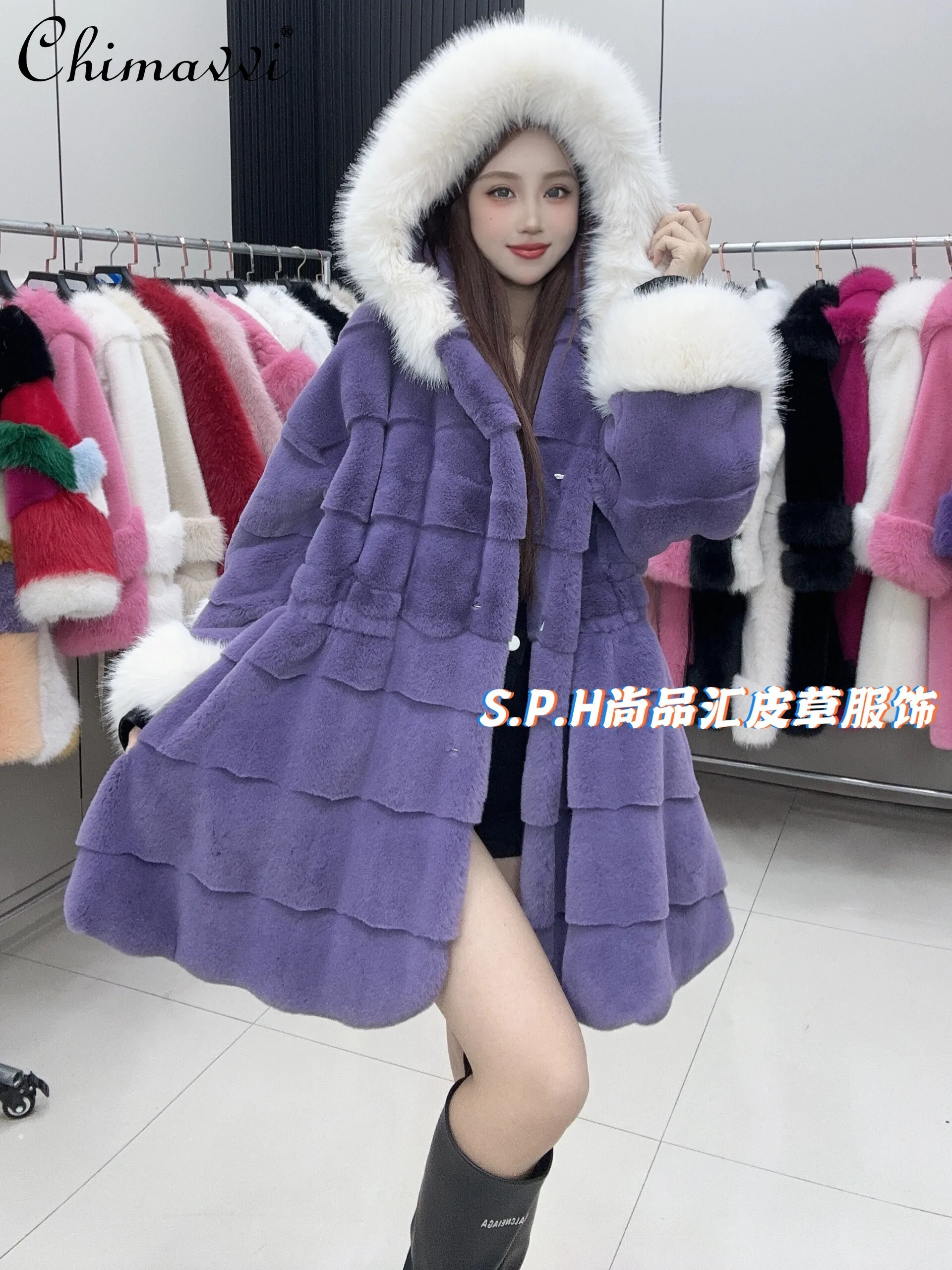 Original Princess Mid-Length Plush Coat 2024 Winter Clothes New Girly Style Long Sleeve Slim-Fit Elegant Hooded Fur Jackets