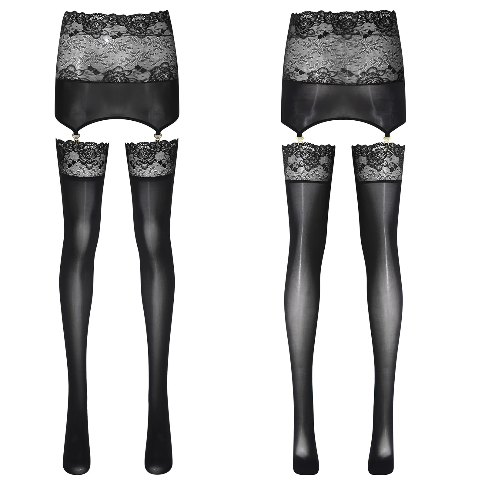 Sexy Womens Glossy Bodycon Leggings Garters Suspender Stockings Floral Lace Trim High Waist Skirt Hollow Out Tights Pantyhose