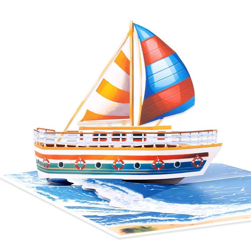 

2Pcs Creative 3D Paper-Cut Sailing Ship Greeting Card: Handcrafted Gift—Colorful Sailing Ship Birthday Card