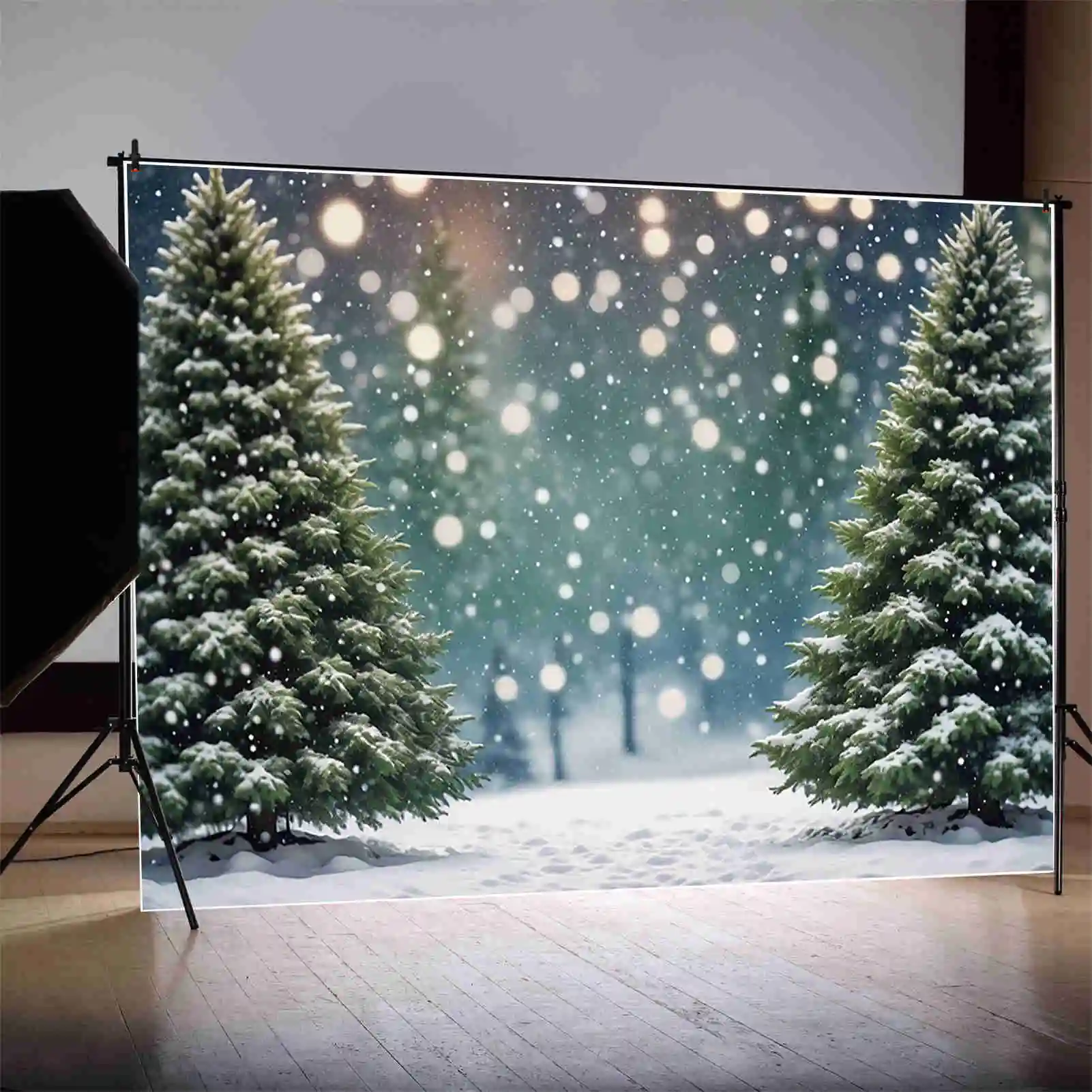 MOON.QG 2024 Christmas Pine Tree Backdrops Snow Winter Bokeh Children Outdoor Background Custom Party Decor Photography Supplies