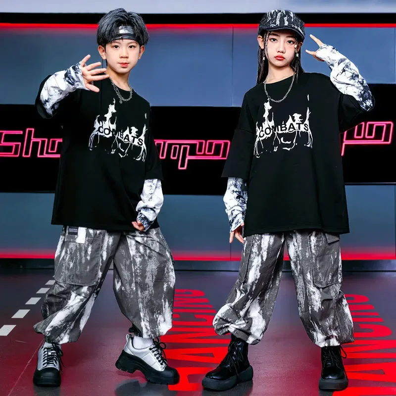 Boy Hip-hop Stage Costume Spring Black Letter T-shirt Tie-dye Phat Pants Suit Children's School Team Performance Costume 10 1214