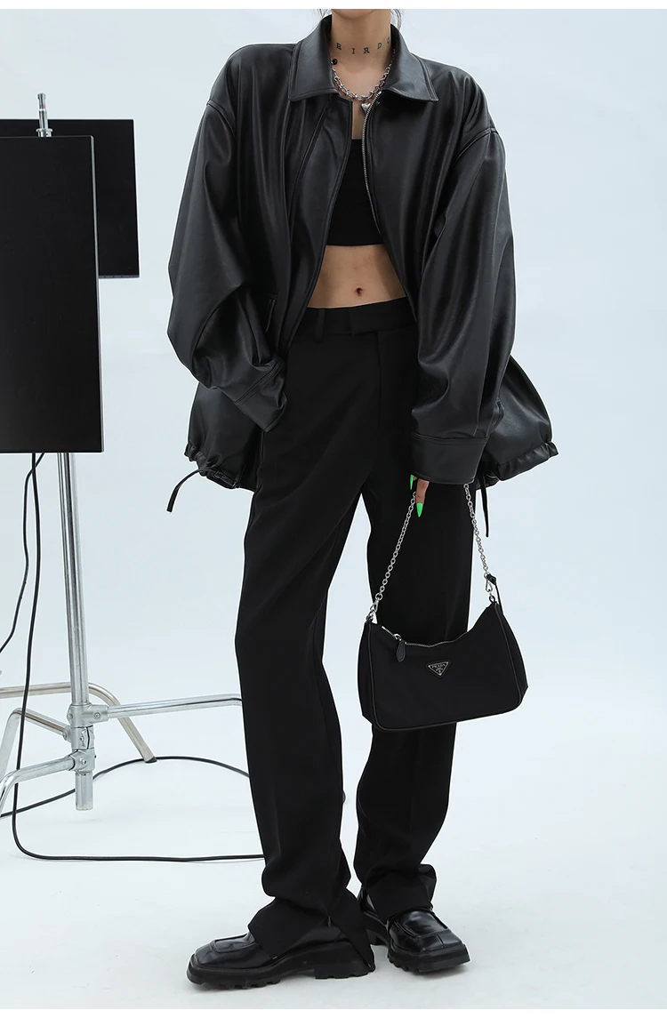 Lautaro Spring Autumn Oversized Casual Waterproof Black Soft Pu Leather Jacket Women with Drop Shoulder Long Sleeve Fashion 2022