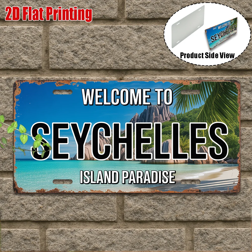 2D Flat Welcome to Seychelles Metal License Plate Plaque Island Paradise Tropical Wall Art Travel Gift for Island Culture Fans