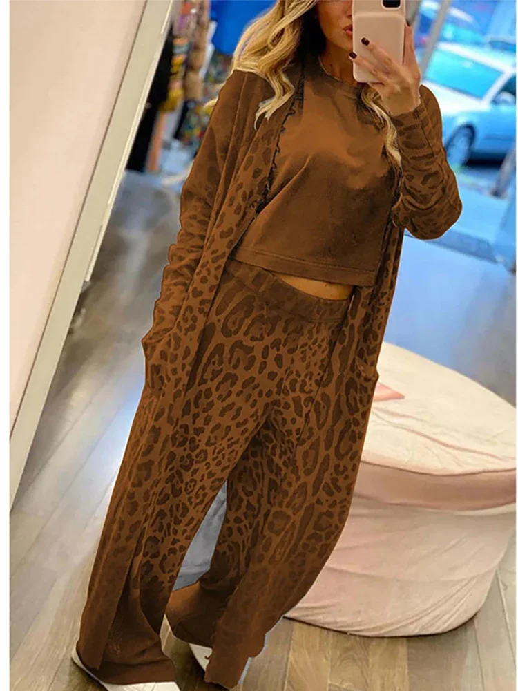 Spring Women\'s Long sleeved Casual Style Polyester Material 2024 New Fashion Leopard Pattern Cardigan Coat Long Pants Set