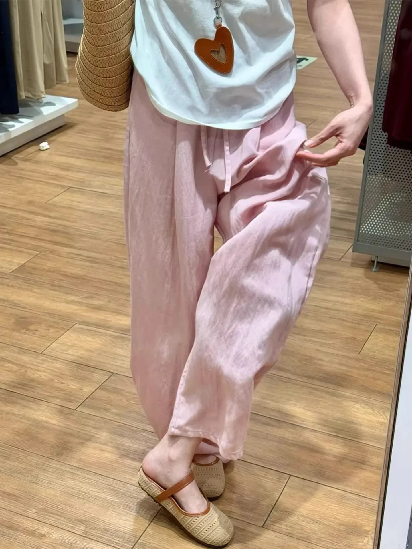 Linen Lyocell Quick Dry Wide Leg Pants Women Summer Thin Loose Ice Silk Sun Protection Straight Casual Workwear Trousers