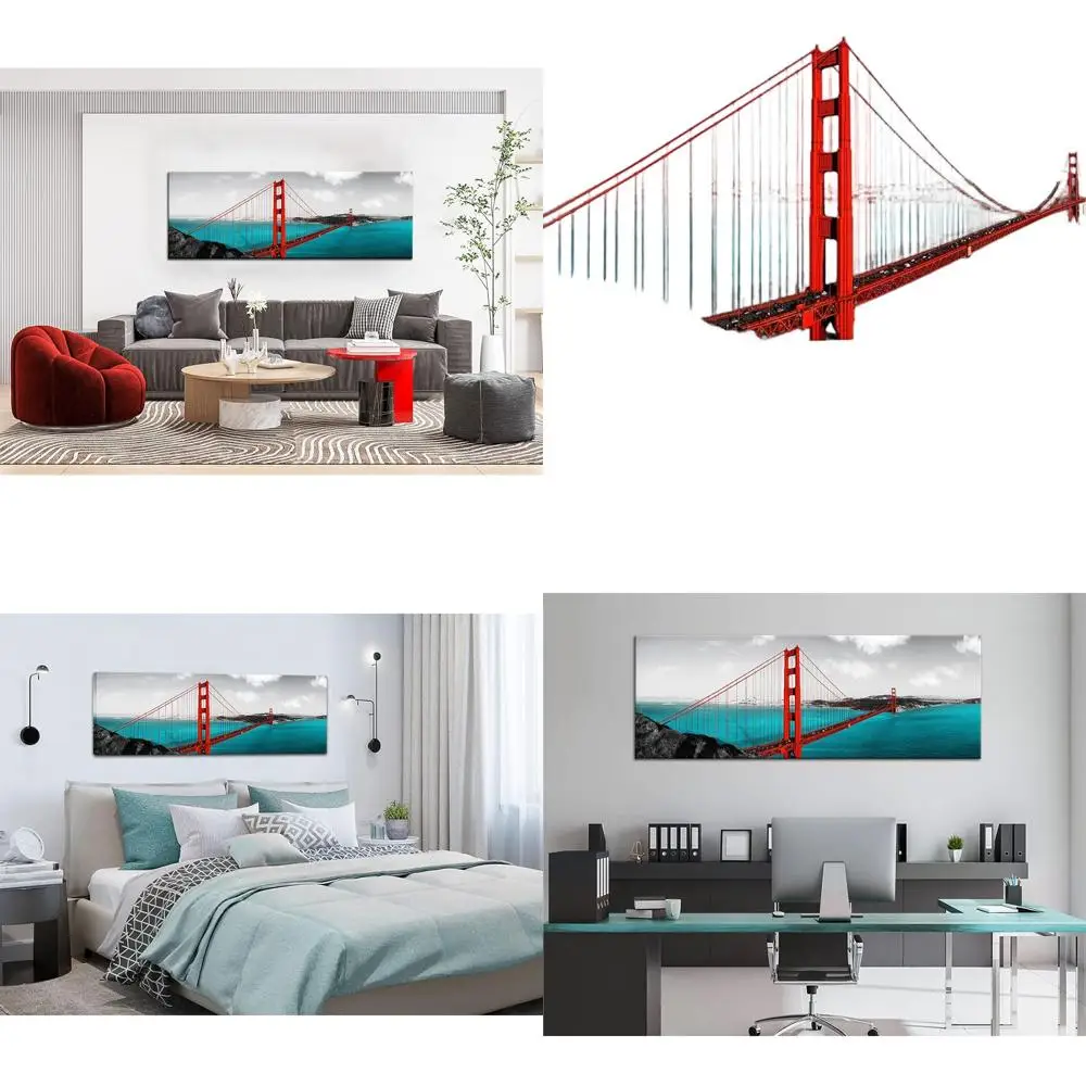 

Framed Canvas Art: San Francisco Golden Gate Bridge, Red Bridge, Blue Sea, Black & White Skyline, 20x56