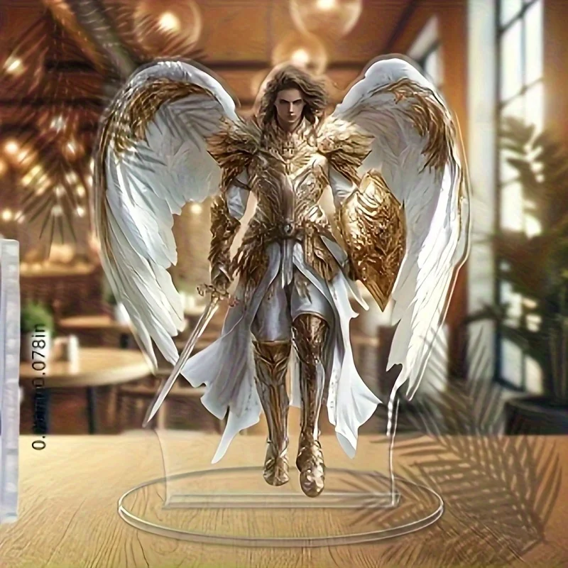 Fantasy Male Angel Warrior Acrylic Stand, 2D Flat Printed, Golden Armor Winged Seraph With Sword Shield Desktop Table Ornament
