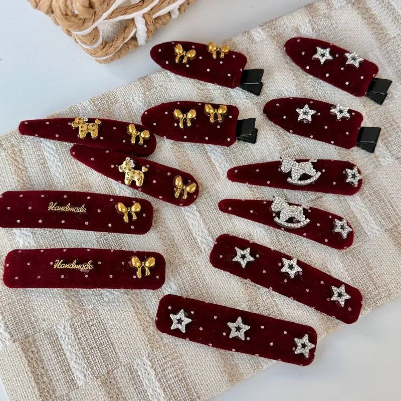 

Retro Red Velvet Side Clip Droplet Shape Rhinestone Star for Woman Bangs Premium Elegant Classic Durable Shiny Hair Accessory